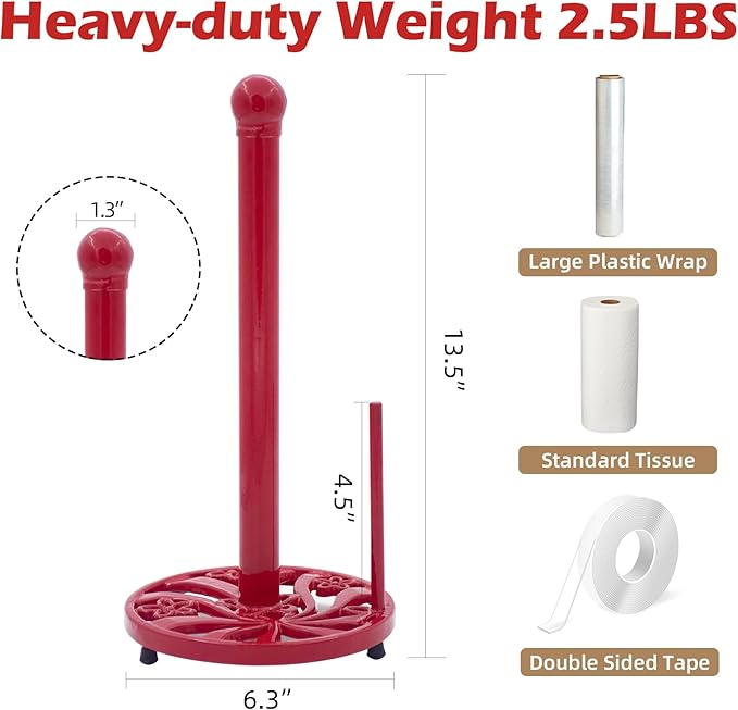 Red Cast Iron Paper Towel Holder for Kitchen Countertop - Vintage Daffodil Standing Dispenser with Heavy Weighted Base, Antique Farmhouse Decor, Fits Jumbo Rolls, One-Handed Tear