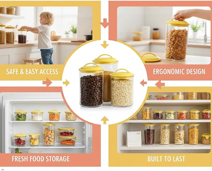 Food Storage Containers, BPA Free Airtight Canisters for Cereal, Pasta, Sugar, Coffee, Flour, Cookies, Loose Tea, for Kitchen Organization, Set of 3 by Reston Lloyd, Fresh Lemons