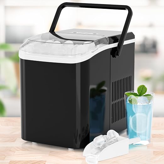 Ice Makers Countertop, Portable Ice Machine with Handle, 6 Mins 9 Bullet Cubes with Basket and Scoop, 26lbs in 24Hrs, Auto-Cleaning, for Home, Kitchen, RV, Camping, Black