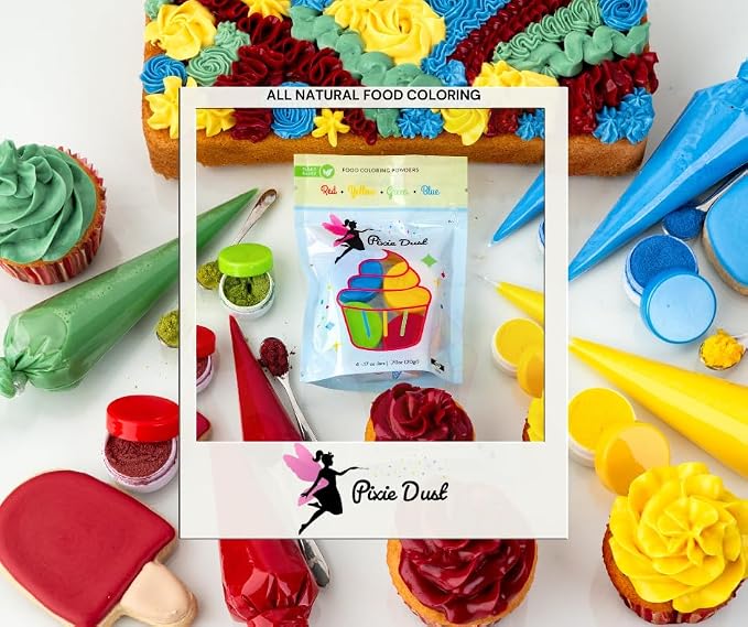 Pixie Dust Natural Food Coloring Powder Set of 4, Red, Yellow, Blue, Green, Dye Free Plant Based Cake Decorating Colors for Icing, Frosting & Drinks, Flavorless, Kosher, Vegan, Non Toxic, 0.68 oz - 20 gr.