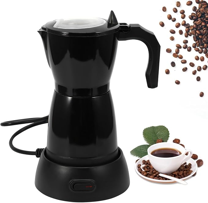 Coffee Pot Electric Espresso Coffe Maker, 300ml 6 Cups Aluminum Moka Pot with Overheat Protection and Detachable Base, Portable Italian Moka Maker, 450W, Black
