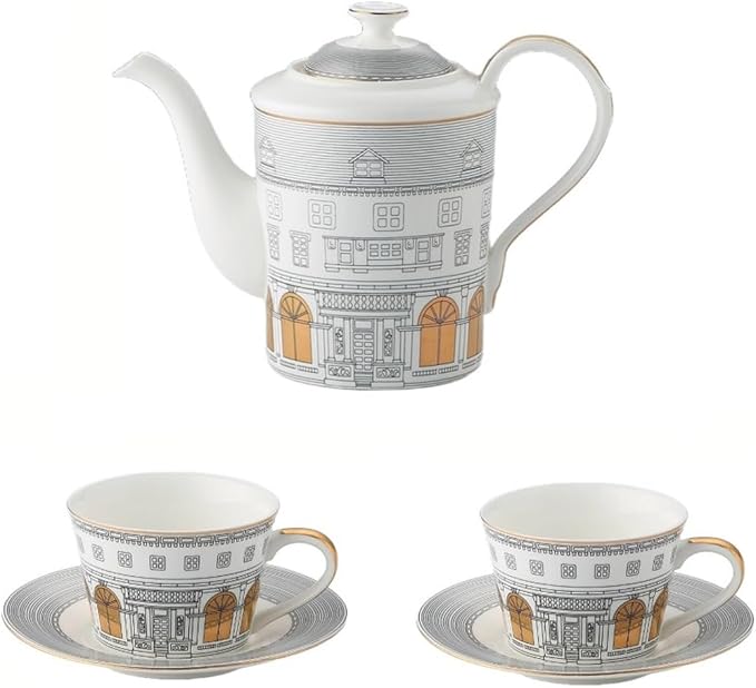 Domini Personalized Architectural Ceramic Tea Cup and Saucer Set,5-piece gift box set with 1 pot, 2 cups and 2 plates