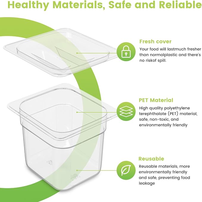 6 Pack Plastic Food Pan with Lid 1/6 Size 4 Inch Deep Restaurant Clear Food Storage Containers with lids Polycarbonate Commercial Hotel Pans for Fruits Vegetables Beans Corns (6 PCS, 4'' Deep)