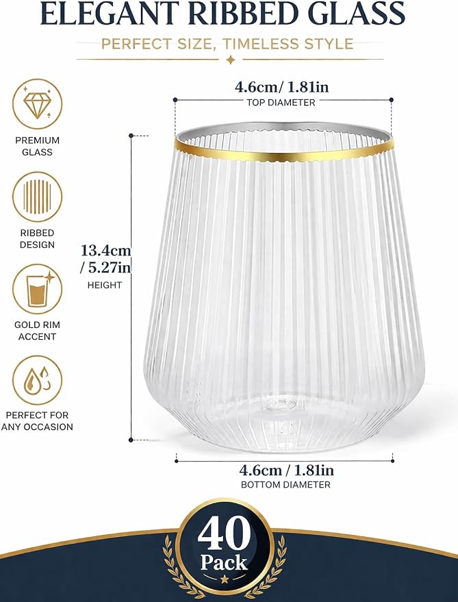 40 count 12 Ounce Ribbed Cups Origami Unbreakable Stemless Plastic Wine Champagne Whiskey Glasses Elegant Durable Disposable Indoor Outdoor Ideal for Home, Office, Bars, Wedding, Ripple (Gold Rim)