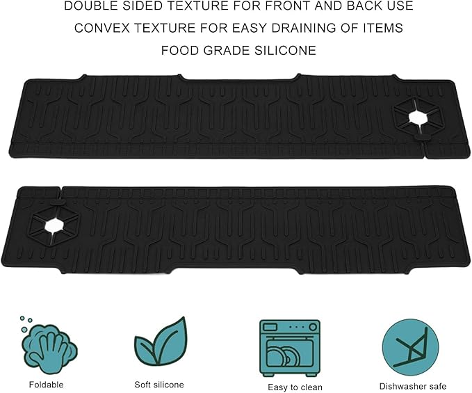 Kitchen Sink Splash Guard, Double Sided Faucet Mat for Kitchen Sink, Silicone Faucet Handle Drip Catcher Tray Mat Silicone Sink Mat, Sink Splash Guard Mat with Adjustable Hole