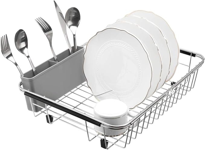 SANNO Over The Sink Expandable Dish Drying Rack, Dish Drainer Kitchen Sink Grate Stainless Steel Sink Protector