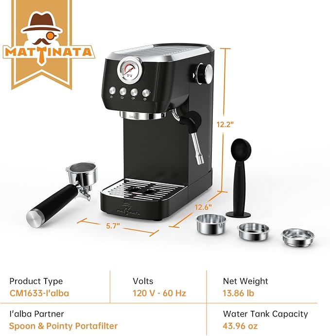 MAttinata Espresso Machine 20 Bar, Compact Espresso Maker with Milk Frother | Coffee Maker, Professional Pump, Steam for Cappuccino Latte, Barista Pressure Gauge, Small for Home, Stainless Steel, Black