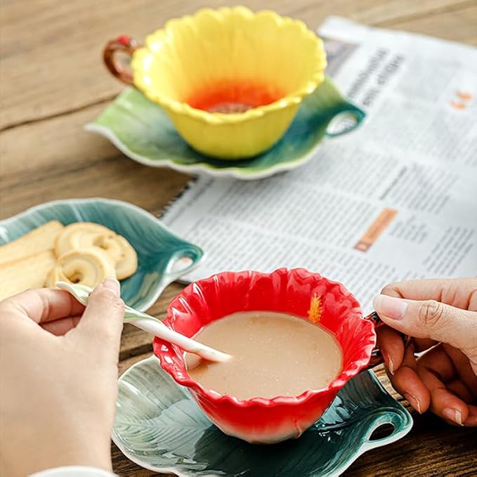 Hibiscus Flower Tea Cup and Saucer Set 6 Oz, Enamel Flower Porcelain Coffee Cup Saucer Set with Spoon for Women, Hand Crafted Tea Set (Hibiscus)