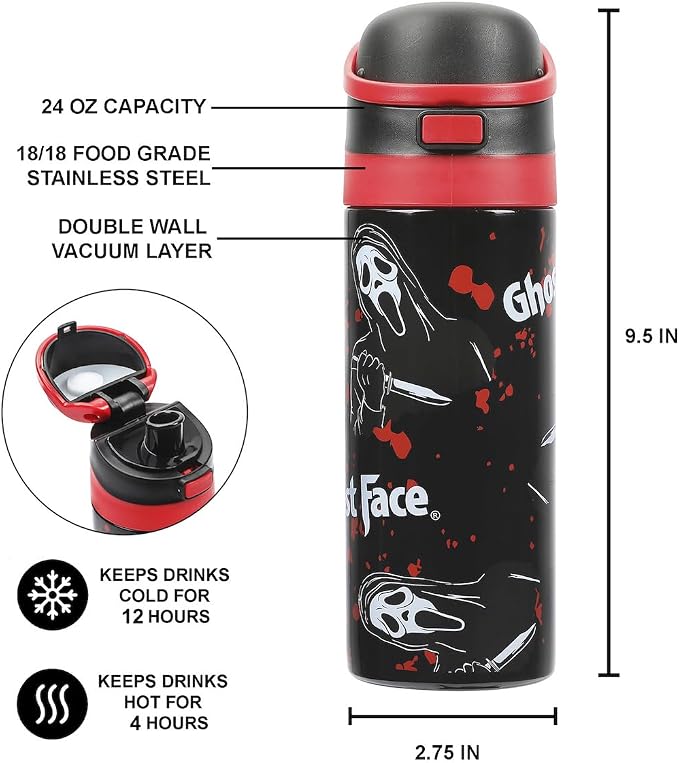Ghostface Mask & Blood Splatter All-Over Print Black 24 Oz Stainless Steel Water Bottle