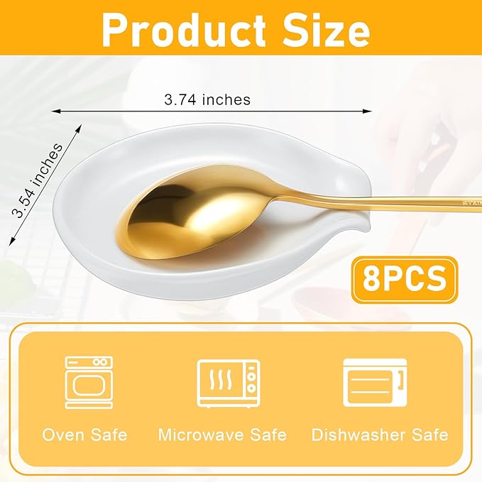 Irenare 8 Pcs Ceramic Spoon Rest for Stove Top, 3.74 Inch Porcelain Spoon Holder, Coffee Utensil Rest Heat Resistant Dishwasher Safe for Home Kitchen Accessories Gift(White)
