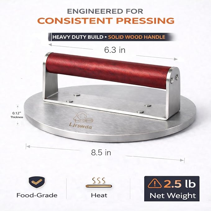 8.5" Extra Large Stainless Steel Burger Press,2.5 Lb Round Metal Burger Smasher,Bacon Hamburger Searing Fish Protein Preheatable Press Weight, Dishwasher Safe,Commercial Grill Griddle BBQ Tool