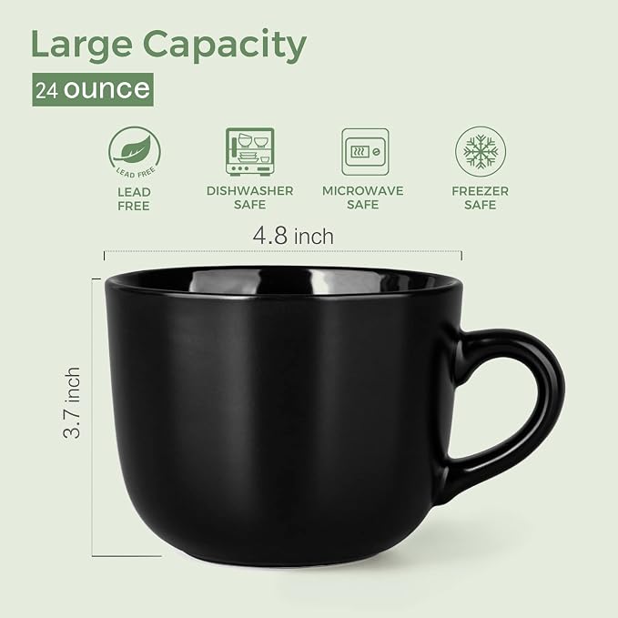 AmorArc 24 oz Soup Mugs with Handles, Jumbo Ceramic Bowls Mugs Set with handles for Coffee Cereal Cappuccino Snacks, Microwave&Dishwasher safe Soup Cups for Meal-Black