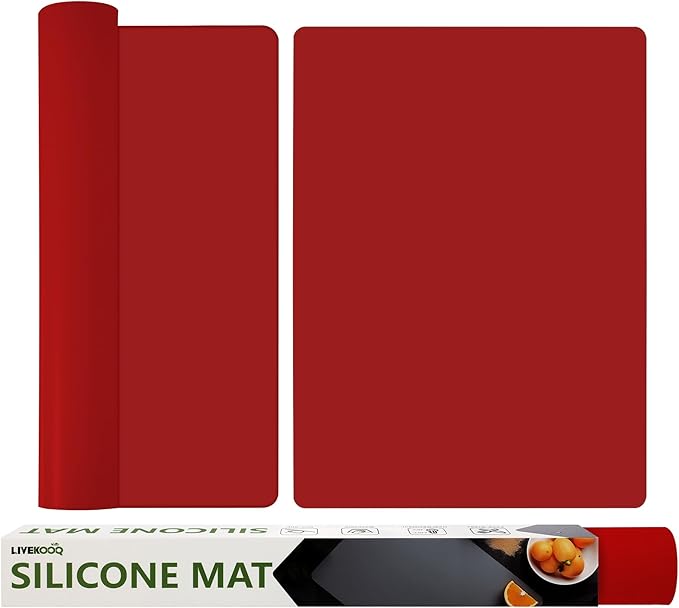 Silicone Mat for Kitchen Counter, Silicone Mat Trimable to Size (Red, 23.6×15.7inch-2PCS), BPA-Free Silicone Placemat, Heat-Resistant NonSlip Table Mat for Air Fryer, Countertop Protector Mat