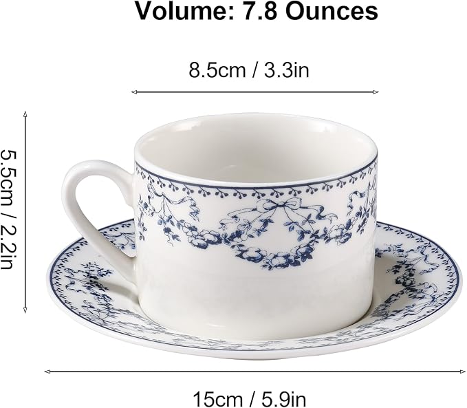 fanquare 8 oz Blue Floral Coffee Cup and Saucer Set, Hand-Printed Bow Flower Procelain Tea Cups for Espresso Latte Cappuccino Home Tea Party Gifting