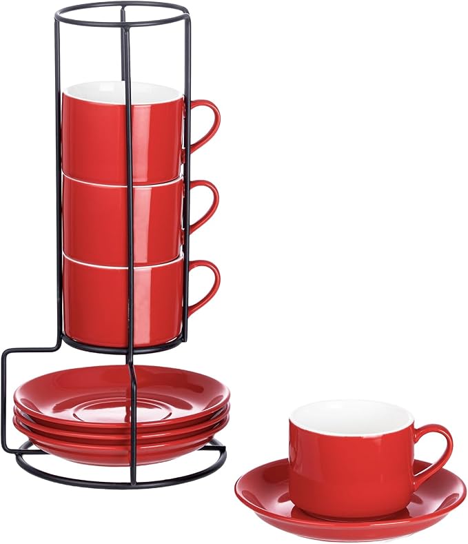 Espresso Cups Set of 4, 4oz Stackable Coffee Cups with Saucers and Metal Stand, Red Demitasse Cups, Expresso Shots Cup Set