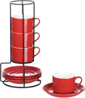 Espresso Cups Set of 4, 4oz Stackable Coffee Cups with Saucers and Metal Stand, Red Demitasse Cups, Expresso Shots Cup Set
