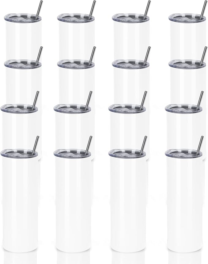 16 Pack 20 Oz Straight Skinny Tumblers,Individually Gift Boxed Stainless Steel Slim Skinny Tumbler Set Bulk, 20 Oz Insulated Slim Thin Travel Tumbler Cup for Diy, White