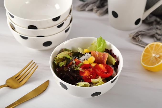 16-Piece Black and White Polka Dot Dinnerware Set for 4, Modern Porcelain Plates and Bowls Set, Ceramic Dish Set with Mugs, Dishwasher & Microwave Safe, Elegant Kitchen Gift - White