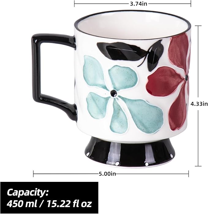 KAMMAK Ceramic Mug - Hand-Painted Coffee and Tea Mug - 450ML Vintage Breakfast Cups - Cute Mugs for Women - Ideal for Birthday - Afternoon Tea & Housewarming Gifts, GX012