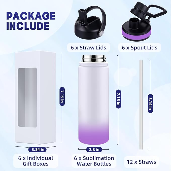 Sublimation Sports Water Bottle Blanks, 20oz Sublimation Tumblers Double Wall Stainless Steel Sublimation Cups with Wide Mouth Lid and Straw 6 Packs Purple