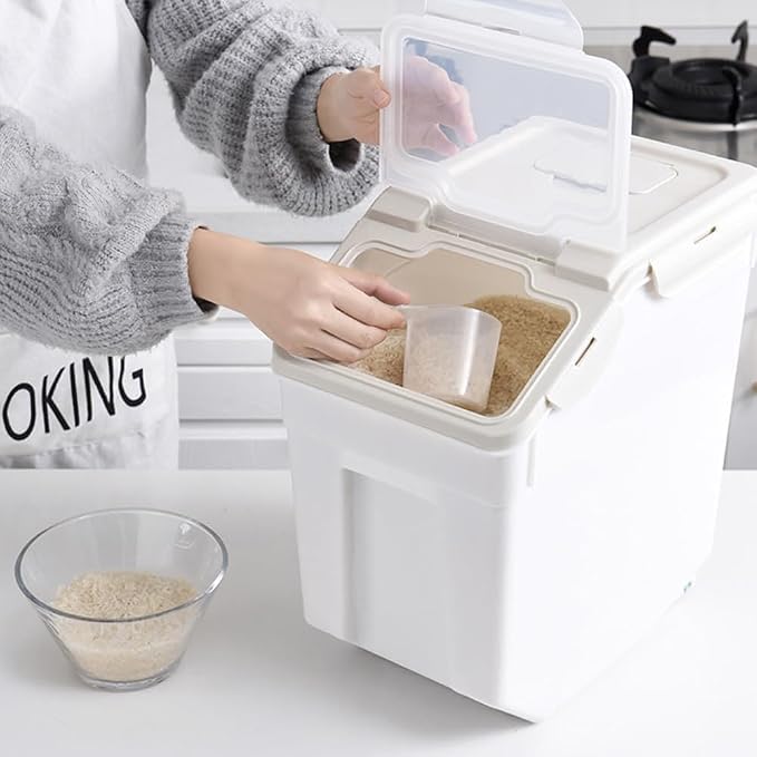 25LB Large Flour Storage Container Bin ,2 Pack Airtight Plastic with Wheels Seal Locking Lid Dispenser Organizer Storage Bin with Measuring Cup & Scoop for Flour, Rice, Grain 50LBS Total