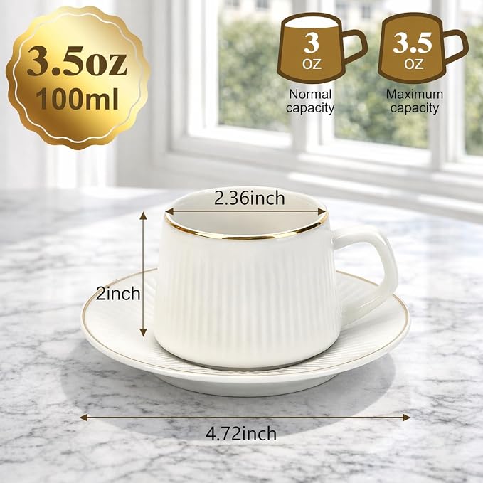 Espresso Cups Set of 6 with Saucers, 3.5oz Ceramic Demitasse Coffee Cups with Handles, White Porcelain Espresso Mug Set with Gold Trim, Microwave & Dishwasher Safe