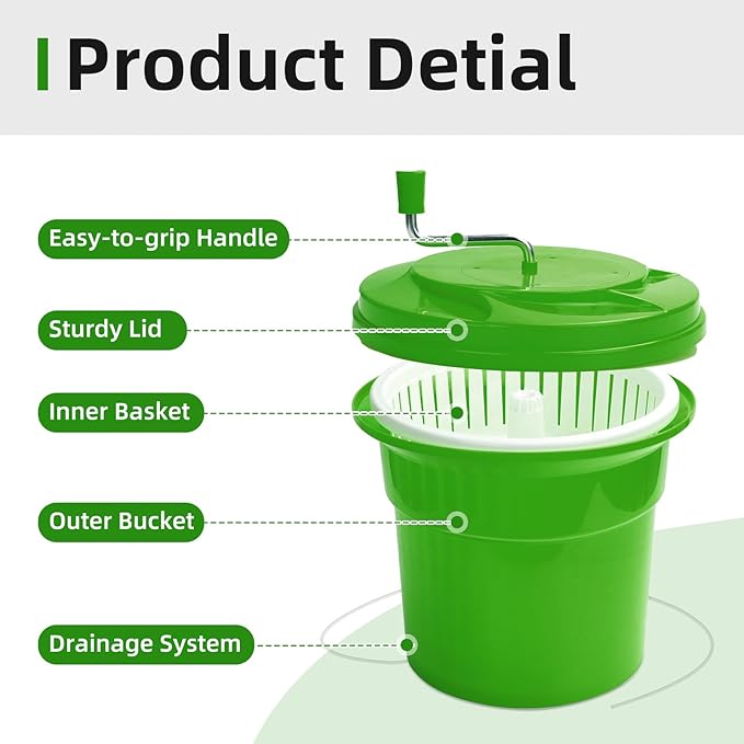 5 Gallon Commercial Salad Spinner and Dryer, Large Manual Vegetable Washer & Greens Dryer with Drain Tube, Heavy-Duty & FDA Listed for Restaurant, Home, Farm Use