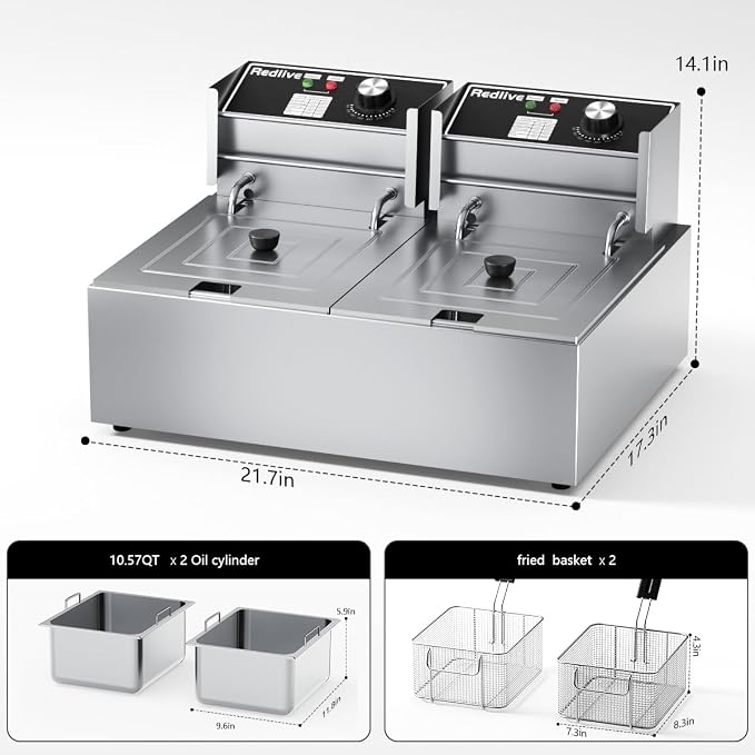 Commercial Deep Fryer with Basket 21QT/20L Stainless Steel Large Capacity | 3400W, 2 Independent Baskets, Countertop, Commercial & Home Use