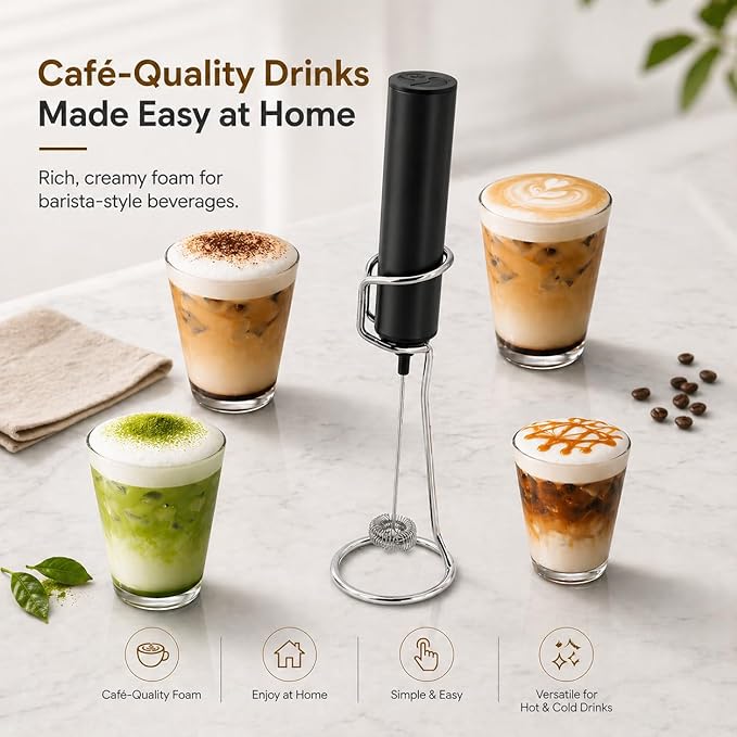 Rechargeable Milk Frother with Stand, Electric Whisks Foam Maker, POWERFUL USB C 2 Speed Handheld Drink Mixer for Coffee, Latte, Cappuccino, Matcha Drinks,Black