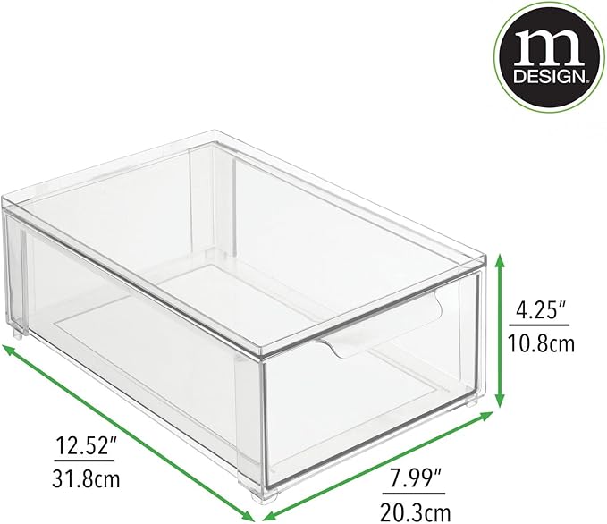 mDesign Plastic Stackable Closet Storage Organizer Bin Containers with Front Pull Drawer for Cabinet, Desk, Shelf, Cupboard, or Dresser Organization - Lumiere Collection - Set of 3 - Clear