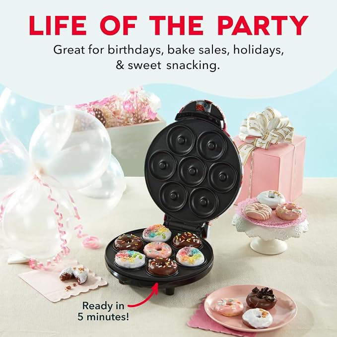 Dash Mini Donut Maker Machine for Kid-Friendly Breakfast, Snacks, Desserts & More with Non-stick Surface, Makes 7 Doughnuts, Donut Print