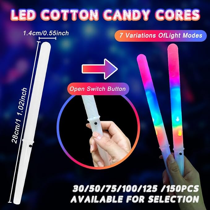 50 Pcs LED cotton candy cones,Glowing cotton candy sticks，Cotton candy holder reusable and waterproof, suitable for Christmas party (colorful)