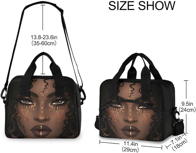 Beautiful Women Lunch Bag for Girls Women,African American Woman Lunch Box Container with Detachable Shoulder Strap,Insulated Lunch Coolers for School Office