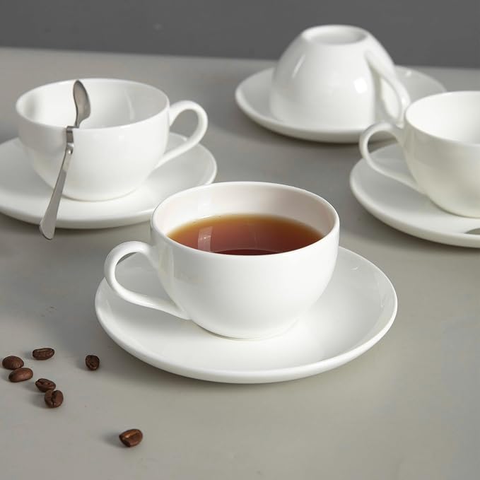 Bone China Tea Cups and Saucers Set (6 oz, Set of 4) – White Luxury Fine Porcelain Mugs for Tea, Coffee, Latte Art, Barista Use, Elegant Gifting