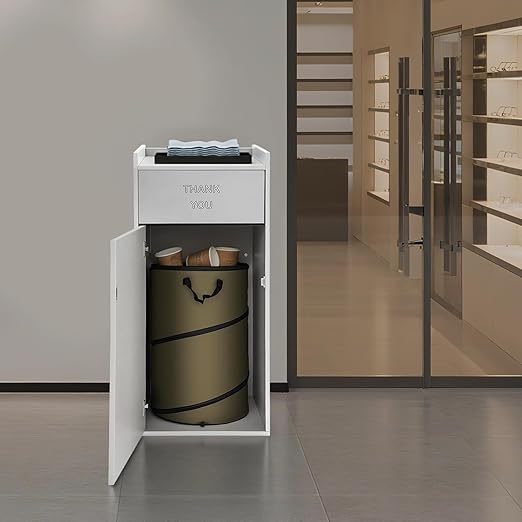 30 Gallon Commercial Trash Can, Wooden Trash Can Cabinet with Tray Holder Garbage Can withTrash Bag for Restaurants, Cafes, Kitchens, and Offices, Durable Garbage Receptacle (Silver)
