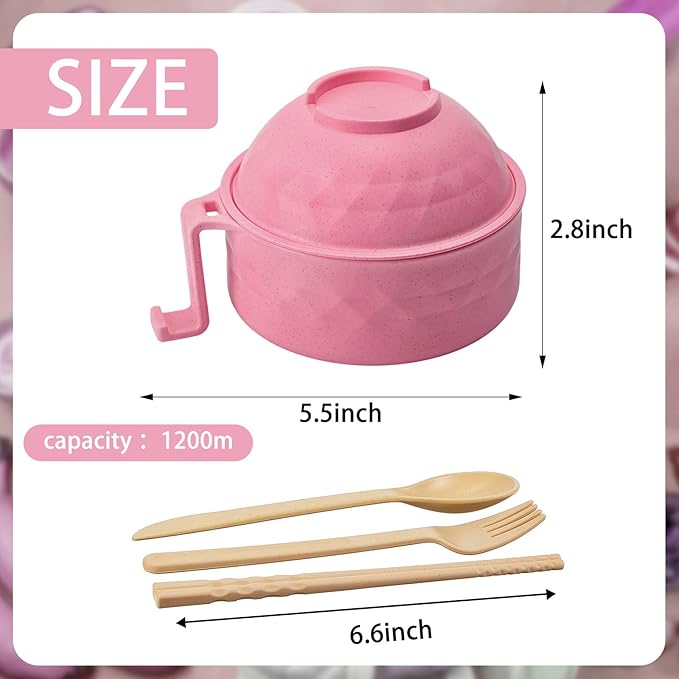 2 Sets Microwave Ramen Bowl 40 oz Wheat Fiber Portable Instant Noodle Cooker Bowl with Handles Strainer Spoon Chopstick Fork College Dorm Room Apartment Essentials(Beige, Pink)