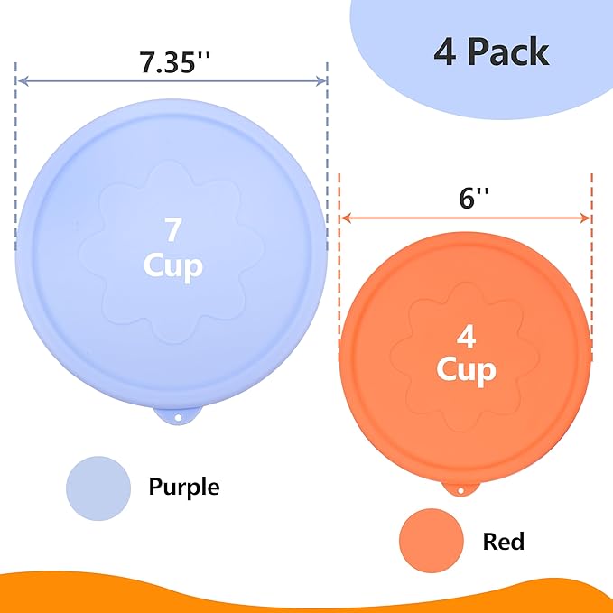4 Cup 7 Cup Round Silicone Replacement Lids for Pyrex Glass Bowls, 4 Pack, Microwave & Dishwasher & Freezer Safe (Container not Included)