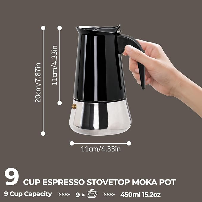 9 Cup 450ml Moka Pot Stainless Steel Espresso Coffee Maker Stovetop Coffeemaker Italian Classic Style Brewing Greca Cafe Mocha Machine for Cafeteras Lover Camping Travel and Home Use 15oz