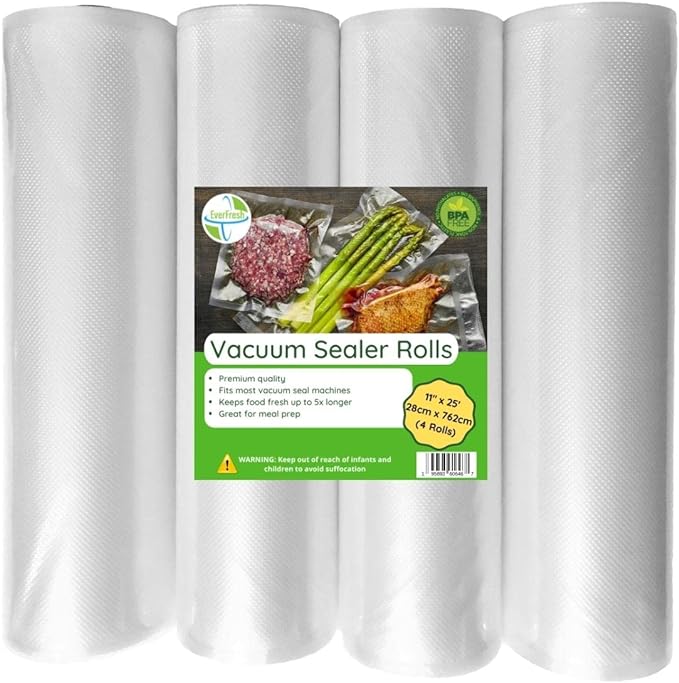 EverFresh 11" x 25' Vacuum Sealer Rolls, 4 Pack | 15% THICKER Embossing | Compatible with FoodSaver Machines, BPA Free, Commercial Grade Food Sealer Bags