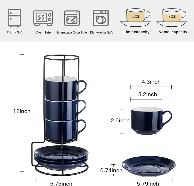 YOLIFE 8oz Porcelain Stackable Cappuccino Cups with Saucers and Metal Stand Set of 4, Coffee cups for Espresso, Specialty Coffee Drinks, Latte, Americano and Tea - Blue