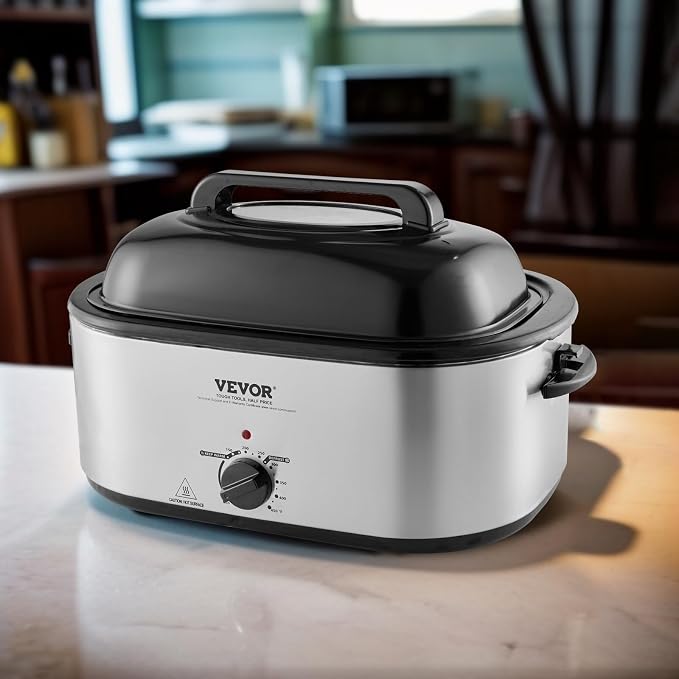 VEVOR Electric Roaster Oven with Defrost & Warm Function, 24 QT Turkey Roaster Oven with Self-Basting Lid, 1450W, Adjustable Temp, Removable Pan & Rack, Fits Turkeys Up to 28LBS, Silver