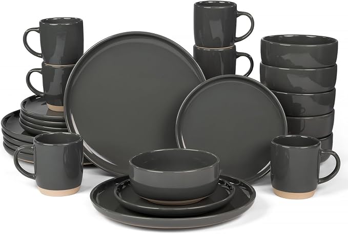 OTAGO 24-Piece Grey Stoneware Dinnerware Set for 6 with Mugs, Plates and Bowls Sets with Partially Unglazed Base, Scratch Resistant Ceramic Dish Set, Microwave & Dishwasher Safe for Kitchen