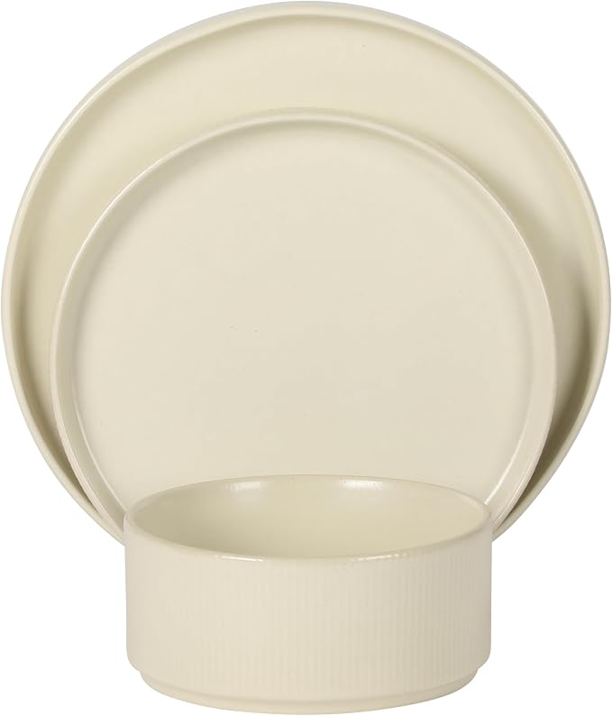 Gibson Elite Avant-Garde 12 Piece Stoneware Dinnerware Set for 4, Linen White Plates and Bowls Set with Reactive Glaze, Includes Dinner Plates, Salad Plates and Bowls