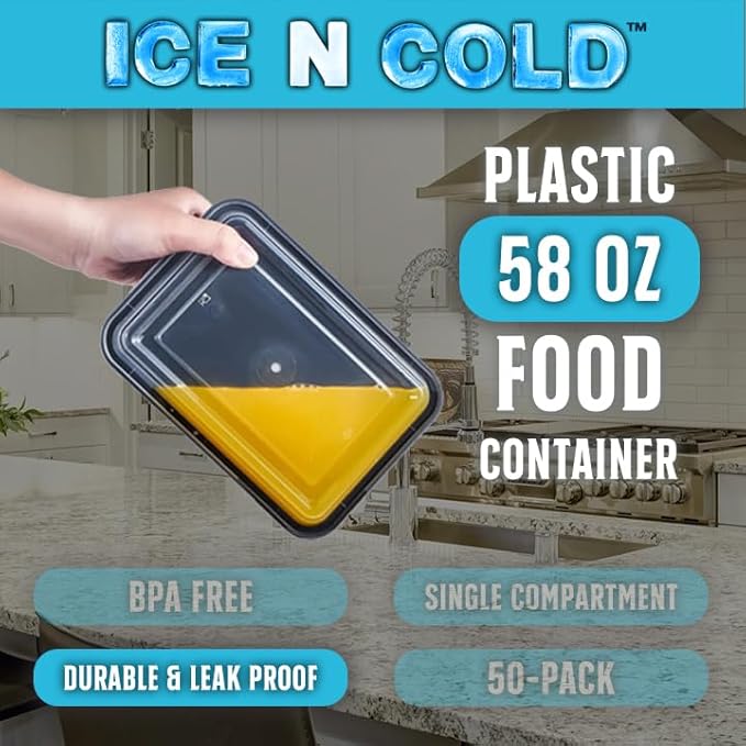 ICE N COLD Reusable To-Go Food Meal Prep Storage Containers with Leak Proof Snap Lids 58oz | 1715ml | 50-Pack