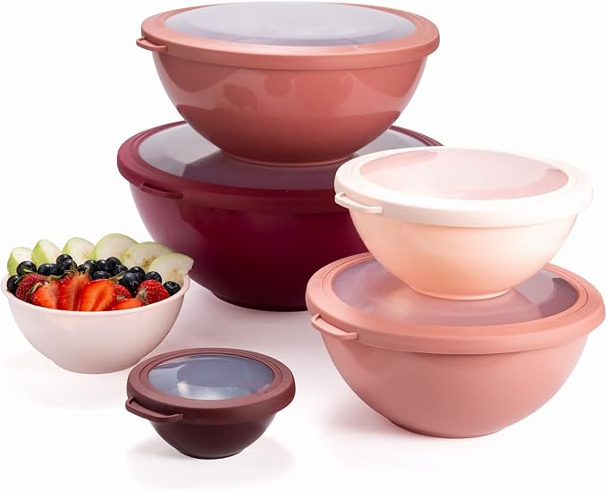 COOK WITH COLOR Mixing Bowls with Lids - 12 Piece Plastic Nesting Bowls Set includes 6 Prep Bowls and 6 Lids, Microwave Safe Mixing Bowl Set, Rose TPR Lid