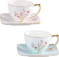 KAMMAK Tea Cups and Saucers Set of 2, Fine Bone China Coffee Cups, Stackable Espresso Mugs, Ceramic Demitasse for Coffee, Cappuccino, Latte, Americano, Tea, Golden Plum (White + Blue)