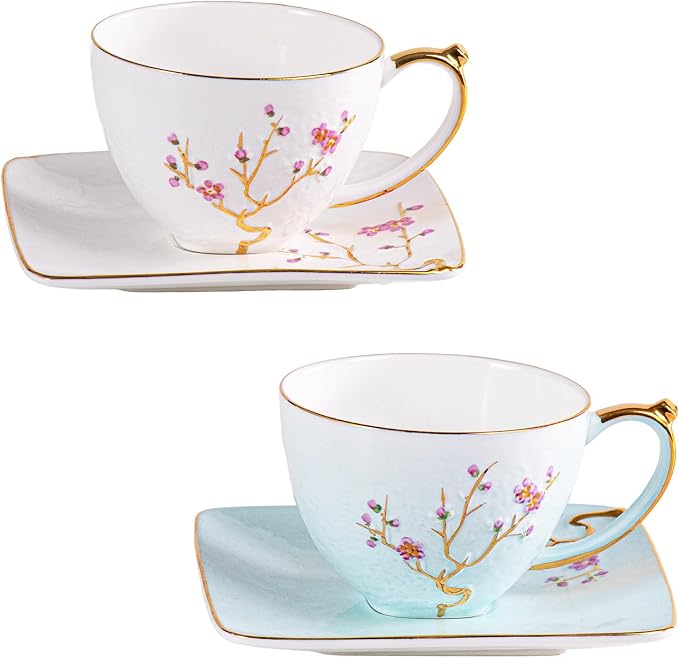 KAMMAK Tea Cups and Saucers Set of 2, Fine Bone China Coffee Cups, Stackable Espresso Mugs, Ceramic Demitasse for Coffee, Cappuccino, Latte, Americano, Tea, Golden Plum (White + Blue)