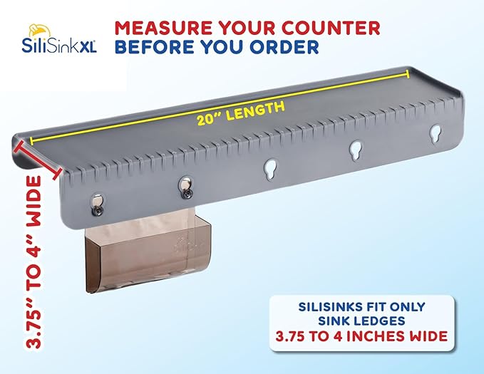SiliProducts SiliSink XL Silicone Edge Guard for Kitchen Sink - Fits 3.75” - 4” Wide - The Original Silicone Sink Edge Protector with Sponge Caddy - Splash Guard, 20” Gray