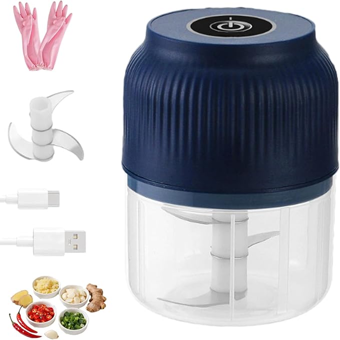 Household Electric Garlic Crusher, Electric Garlic Chopper, Usb Rechargeable Chopper With Stainless Steel Blades, One-Touch Mini Kitchen Helper, Easy To Clean, For Vegetables (Blue, 3 blades)