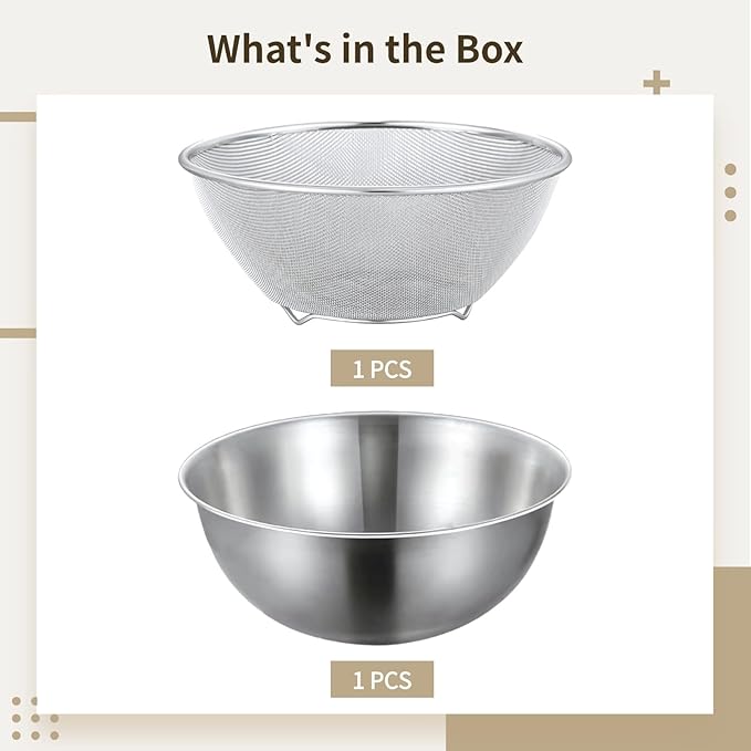 Stainless Steel Kitchen Strainers Set, Includes Bowl and Fine Mesh Sifter, Sturdy Mesh Strainer Basket for Kitchen Use, Dishwasher Safe, Ideal for Washing Fruits, Vegetables, and Small Grains